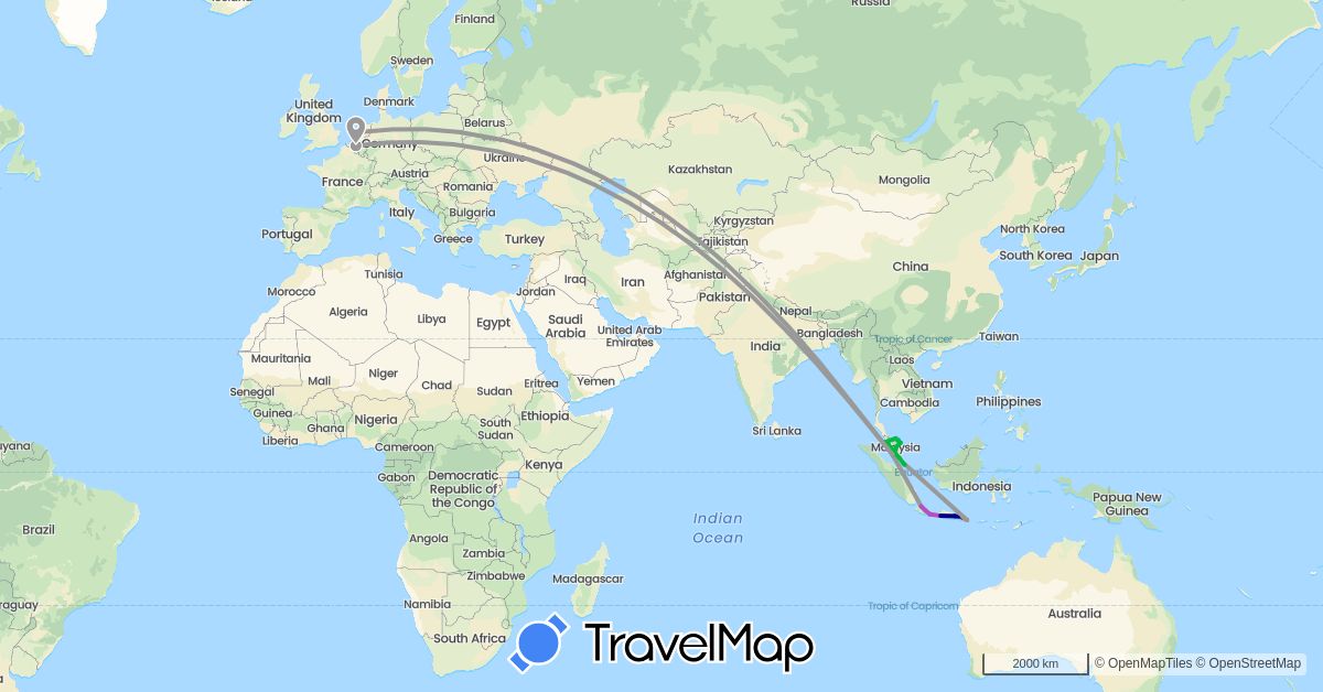 TravelMap itinerary: driving, bus, plane, train, hiking, boat in Belgium, Indonesia, Malaysia, Netherlands, Singapore (Asia, Europe)